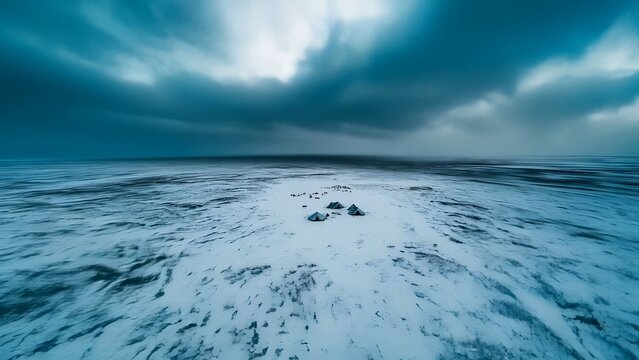 Koryak settlement in frozen tundra, with traditional teepees surrounded by reindeer herds. Harsh Arctic conditions shape resilient way of life and enduring cultural heritage. Northern concept