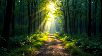 Obraz premium A Sunlit Path Through Dark Forest – Hopeful Journey Toward Light, Symbolizing New Beginnings and Clarity Amidst Darkness.