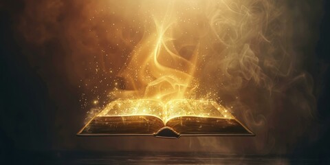 Fantasy book with magic light rays and sparkles