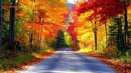 Obraz premium A winding road through a forest of colorful autumn leaves.