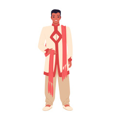 Indian man in traditional clothes standing. Male character wearing turban, blue shoes and sherwani, front view full body portrait of man with beard and ethnic dress