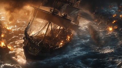 Burning ship engulfed in flames while navigating through stormy waters