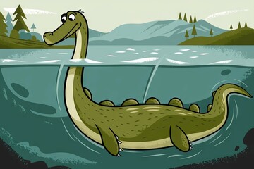 Monster lake. Cartoon monster with long neck and tail swims in lake,  symbolizing mystery and legends.
