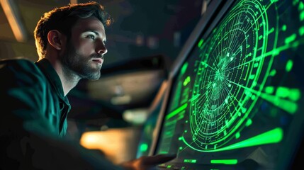 Man intently monitoring radar screen in a dark, high-tech control room