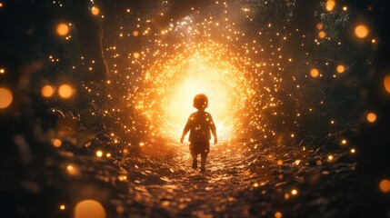 A child walks through a magical portal in a dark forest, illuminated by sparkling golden lights.