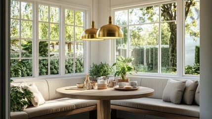 Fototapeta premium A cozy breakfast nook with a round wooden table