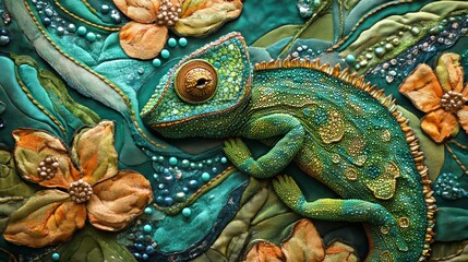 Detailed artistic depiction of a green chameleon blending into a floral background
