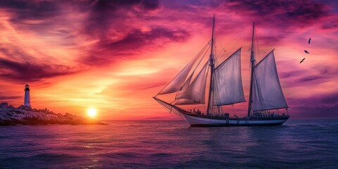 Fototapeta premium Sailboat at sea under a dramatic sunset.