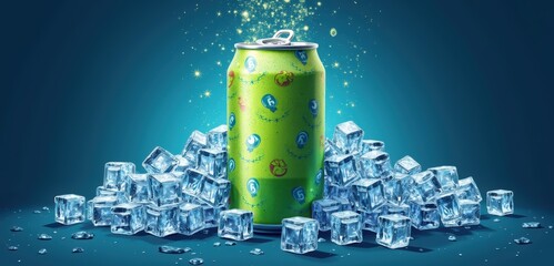 A vibrant green soda can with ice cubes, exuding refreshing energy. Perfect for beverage promotions, summer campaigns, or advertising chill drinks.