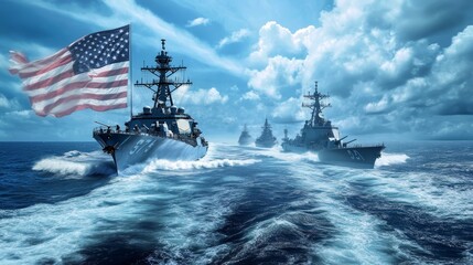 Fleet of navy warships sailing with American flag in the sky on a patriotic mission