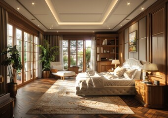 Fototapeta premium Elegant Luxury Bedroom with Exquisite Woodwork