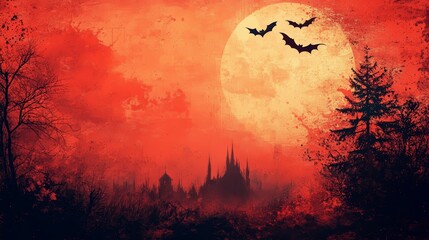 Spooky red full moon rising over dark gothic castle with bats flying in eerie sky