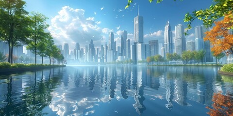 Fototapeta premium Futuristic Cityscape by a Calm Lake