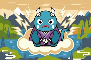 Angry monster cloud. Blue monster with angry expression on a cloud with lightning bolts in a mountain landscape.