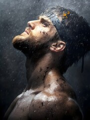 A powerful and muscular weightlifter their body glistening with sweat gazes ahead with an unwavering determination that exudes an aura of unbreakable strength and resolve