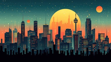 Naklejka premium Urban Dreams: Minimalist City Skyline Illustration at Dusk with Retro Flair
