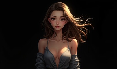 Naklejka premium A stunning digital portrait of a young woman with flowing hair, embodying beauty and confidence. Perfect for fashion, beauty, and lifestyle projects.