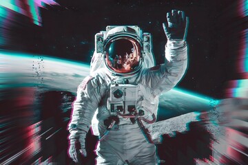 Glitching Anaglyph Photo Effect of an Astronaut