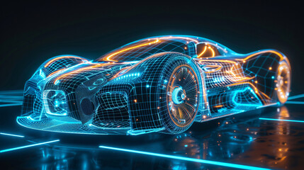 Obraz premium Futuristic AI AR car wireframe concept, car, auto, vehicle, automobile, speed, transport, race, sports, sport, 3d, automotive, vector, wheel, design, illustration, model, toy, black, racing, motor, fa