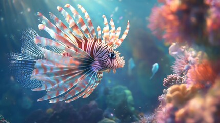 Close-up of a lionfishas long, delicate fins spreading outward as it swims slowly through a coral reef.