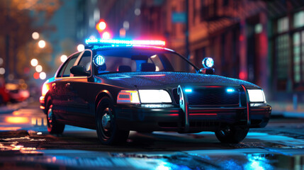 Fototapeta premium A police car with blue lights on the front and back