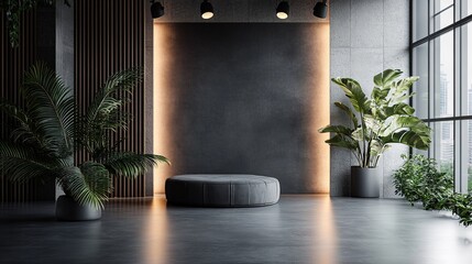 Modern photo studio with dark background, professional lighting, and sleek flooring, High-end photography environment, Generative Ai