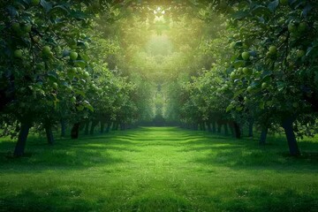Naklejka premium The sun shines through the green apple orchard
