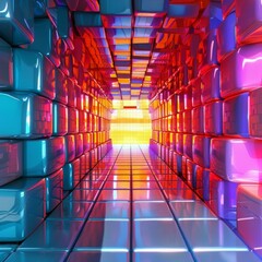 3D rendering of a colorful hallway with glowing cubes
