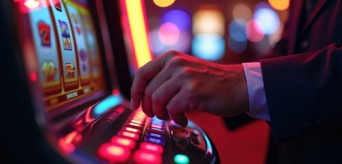 Close up of a hand playing a slot machine, capturing the thrill of gambling in a vibrant casino environment filled with bright lights and excitement.