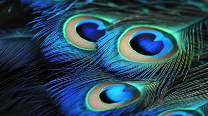 Close-up of a peacockas intricate feather patterns, showcasing the iridescent blues and greens.