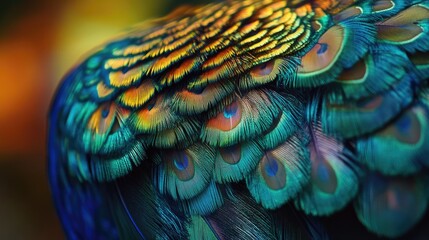 Obraz premium Close-up of a peacockas vibrant tail feathers, showing the intricate patterns and shimmering colors.
