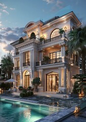 Fototapeta premium Luxury Mansion Exterior with Pool at Dusk