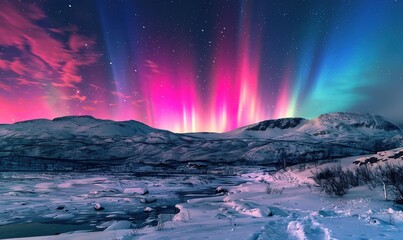 Naklejka premium Frozen Lake Under a Vibrant Northern Lights Display