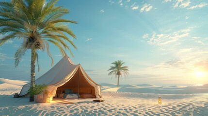 Naklejka premium Luxury desert camping under the stars with palm trees and a comfortable bed.