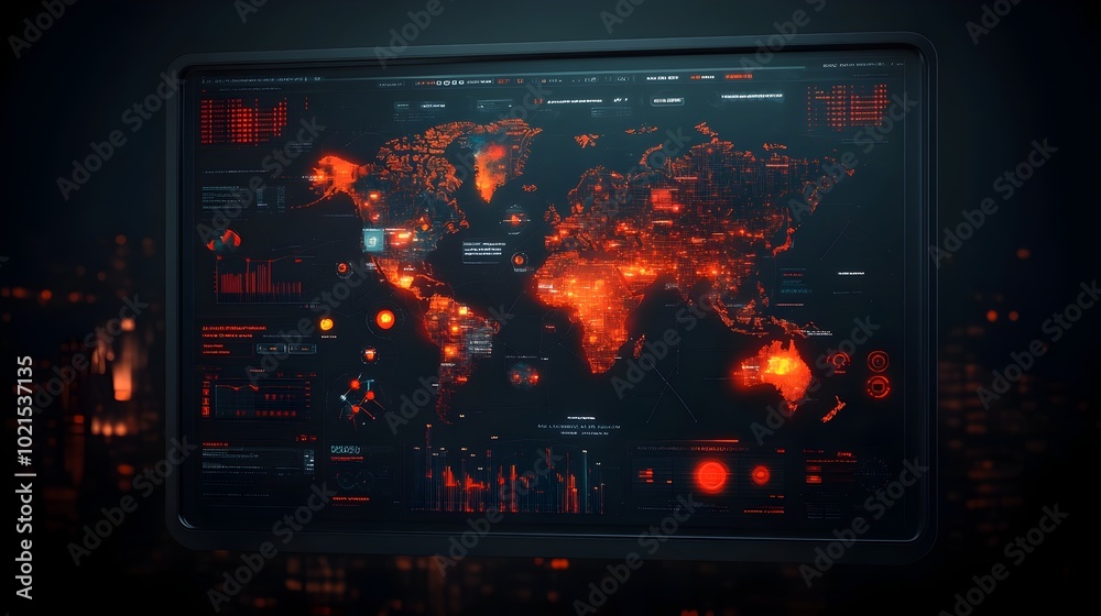 Poster futuristic ai powered interactive world map interface managing international trade flows transportat