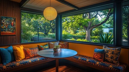 A cozy mid-century breakfast nook with a built-in bench