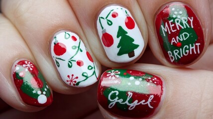 Close-up of natural nails painted with simple Christmas style gel polish.