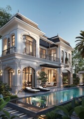 Fototapeta premium Luxury Mansion Exterior with Pool and Garden
