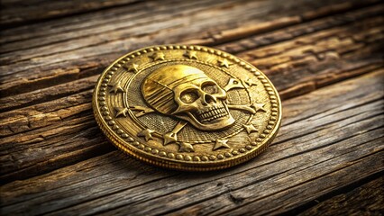 Obraz premium Shiny pirate gold coin resting on a weathered wooden surface, symbolizing treasure and adventure