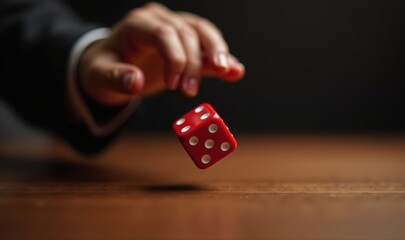 A close up of a hand tossing a red die, symbolizing chance and risk in business decisions and strategy.