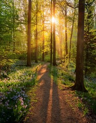Obraz premium Golden Sunlight Breaking Through the Canopy of a Dense Forest, Illuminating the Path Below as Spring Flowers Bloom Alongside the Trees in a Vibrant Nature Landscape