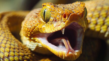 Fototapeta premium Close-up of a pit viperas heat-sensing pit organs and sharp fangs, ready to inject venom.