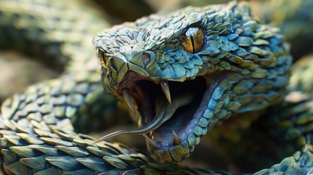 Close-up of a pit viperas heat-sensing pit organs and sharp fangs, ready to inject venom.