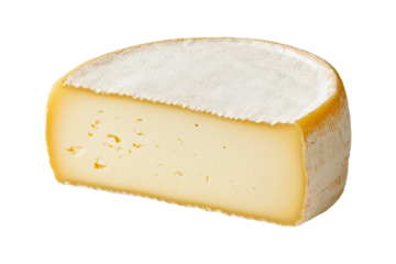 A close-up of a wedge of soft Munster cheese with a white rind, showcasing its creamy interior. Isolated on a white background, concept of dairy products and gourmet food
