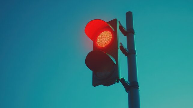  modern traffic light, with a red light illuminated, against a clear blue sky background