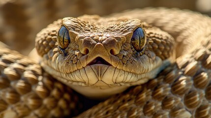 Obraz premium Close-up of a rattlesnakeas slitted eyes and venomous fangs, with its rattling tail blurred in the background.