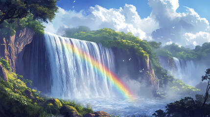 Fototapeta premium Rainbow over waterfall modern pop art. Rainbow Over Waterfall. Illustration
