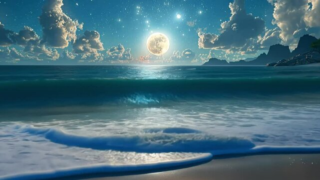 Tranquil ocean scene at night with a full moon and stars in the sky.