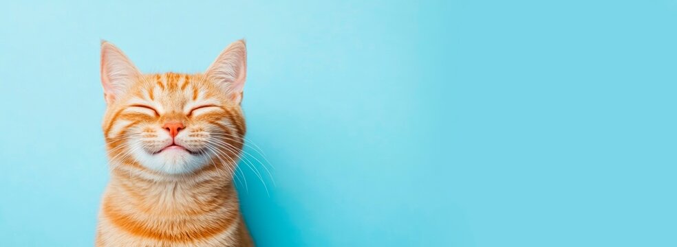 smiling and laughing  happy cat isolated on light blue background, horizontal banner, copy space for text