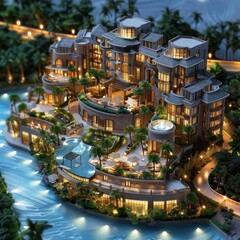 Luxury Resort Architectural Model at Night